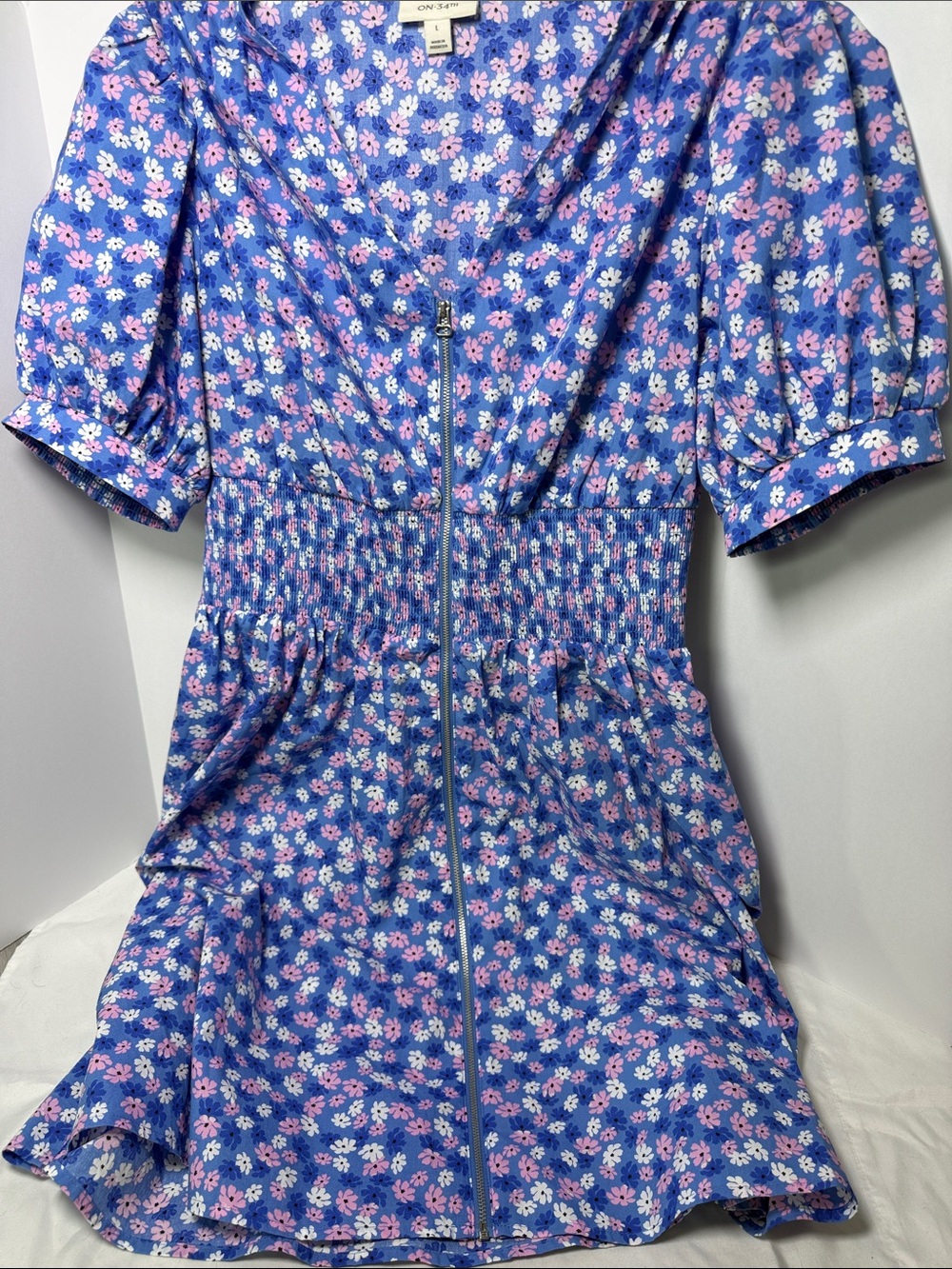 ON | 34th. Floral Blue Mini Dress with Pink & White Blossoms